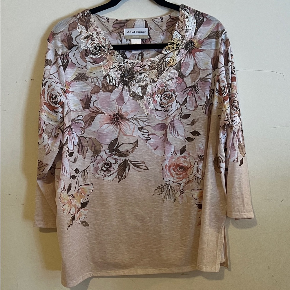 Alfred Dunner Beige Floral Long Sleeve Top